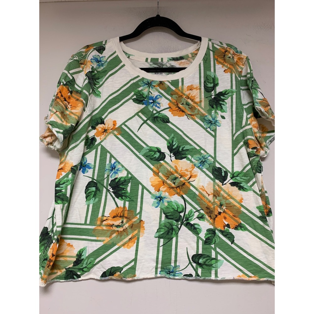 Maeve Anthropologie Top Womens XL Green Floral Geometric Slub Knit Tee Excellent